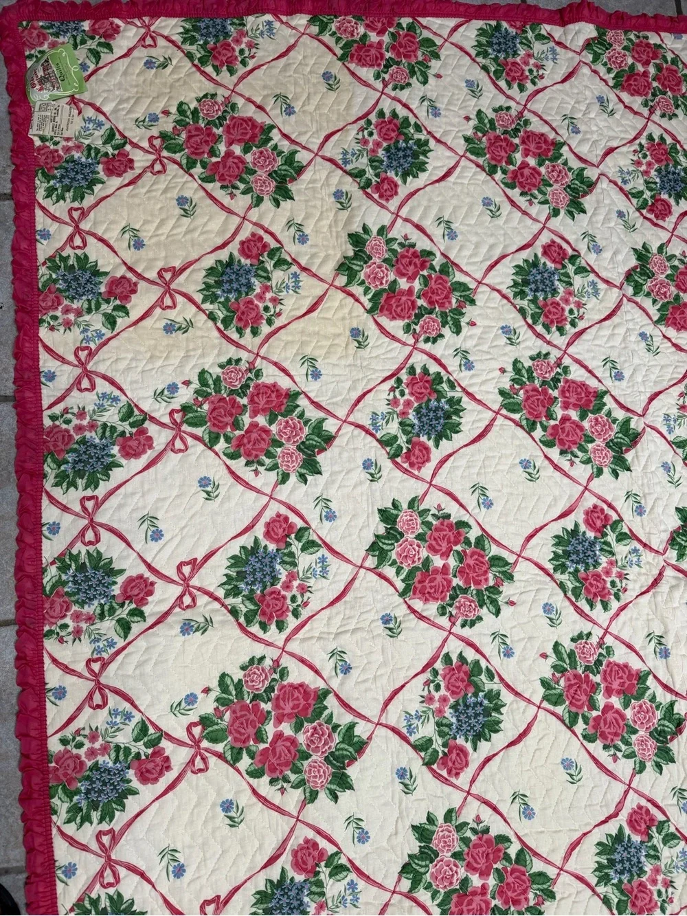 VTG Pink Roses Floral Quilted Bedspread OLDE KENTUCKY QUILTS 80x84” NOS